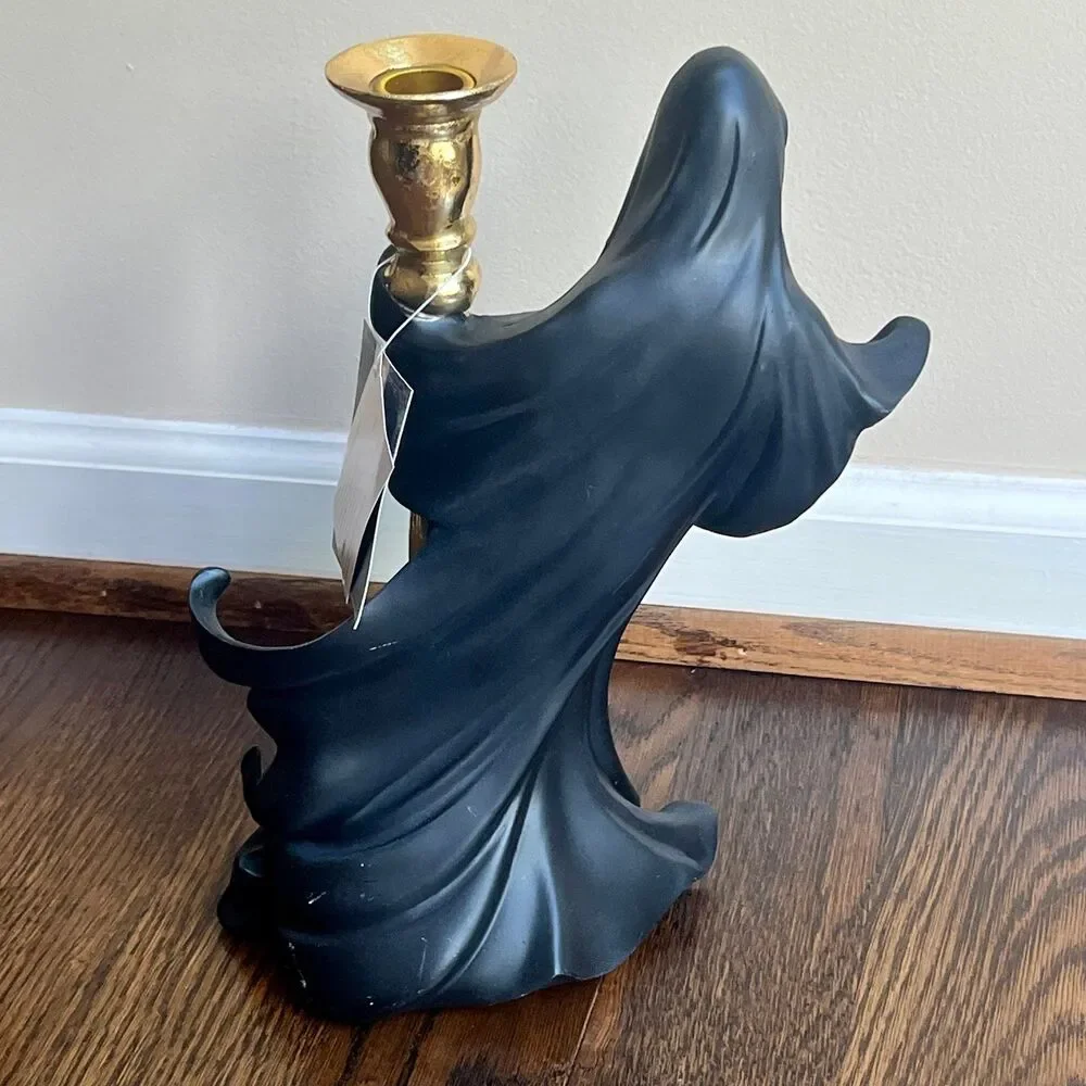 Spooky Night Halloween Viral Black Ghost Gold Candle Holder Decor (Left Side)